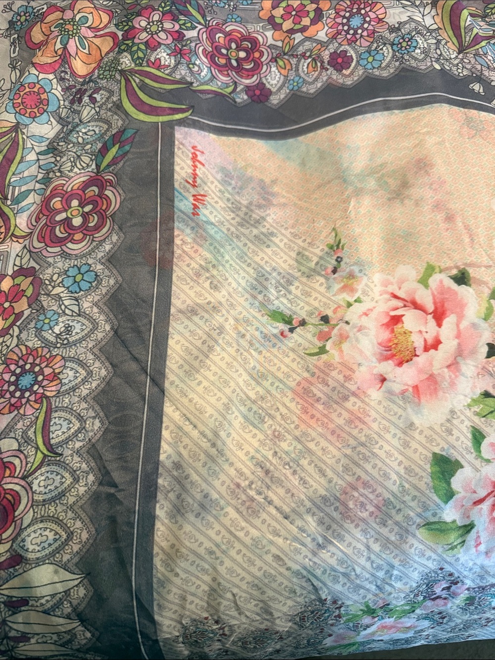 Johnny Was Floral Border Print Lightweight Scarf in Cream, Blue, Pink, Green